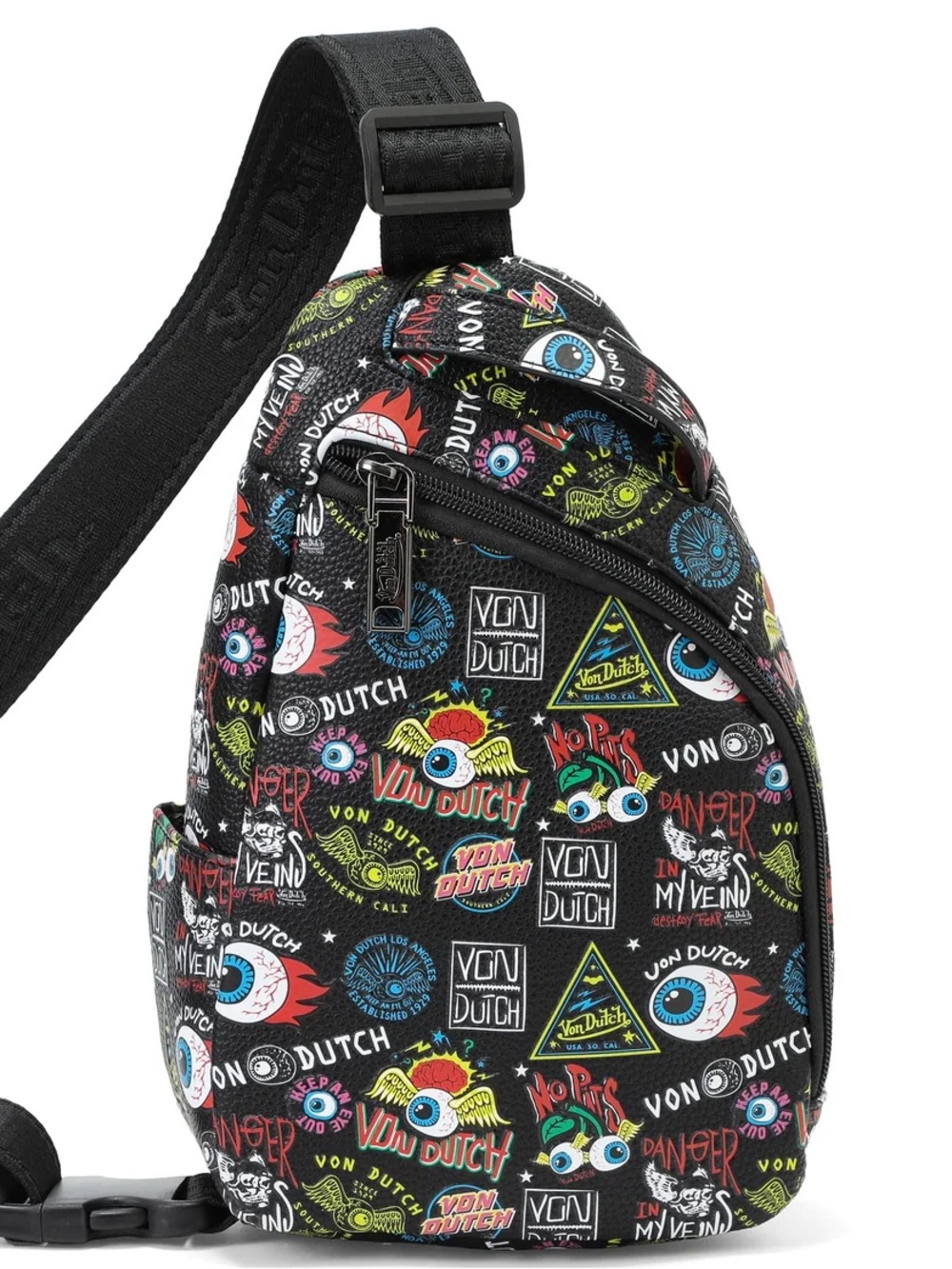 Von Dutch Jax Black Sling Crossbody Bag All Over Logo Print